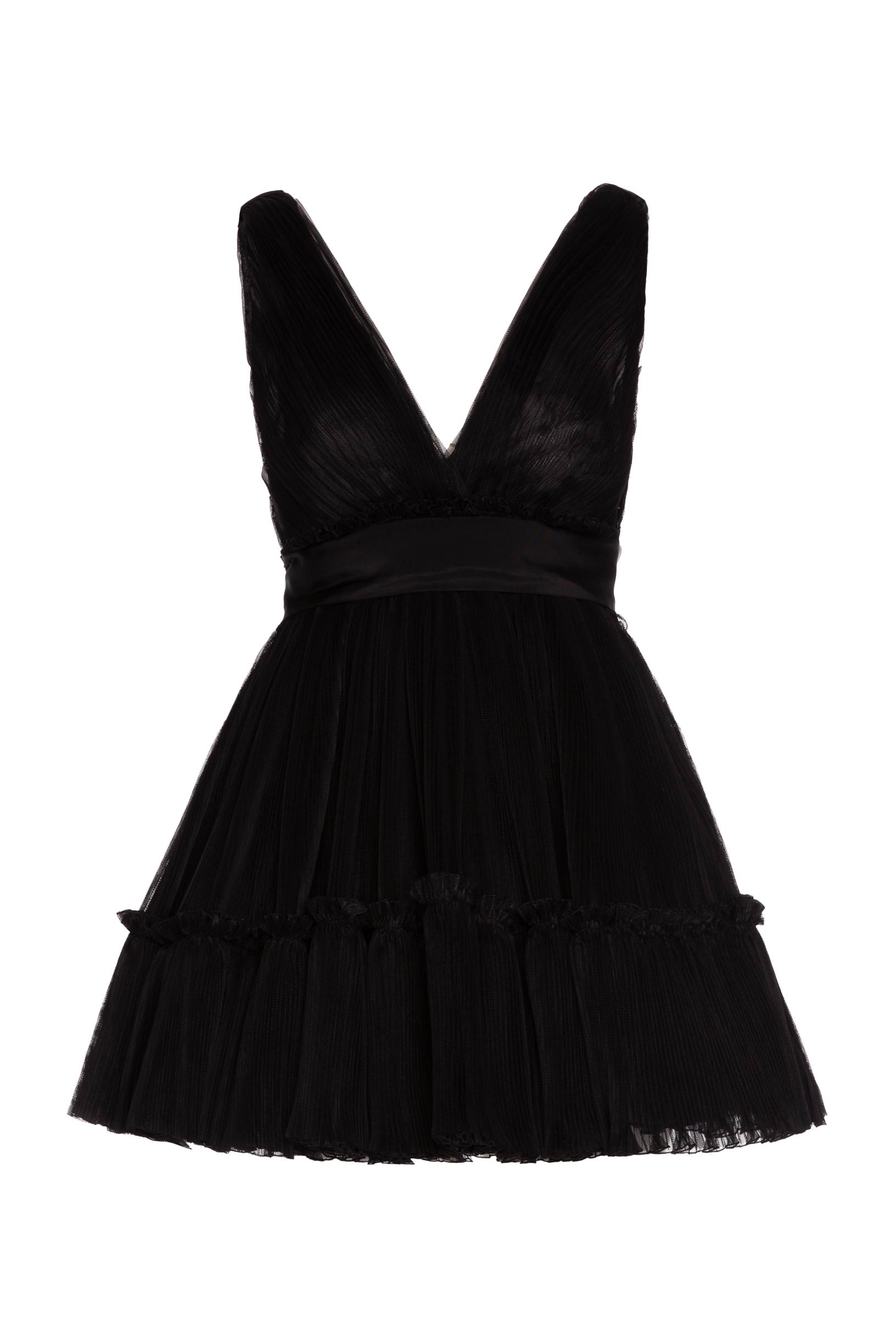 Pleated tulle dress with organza flounces black woman 192PD2AP1_00006