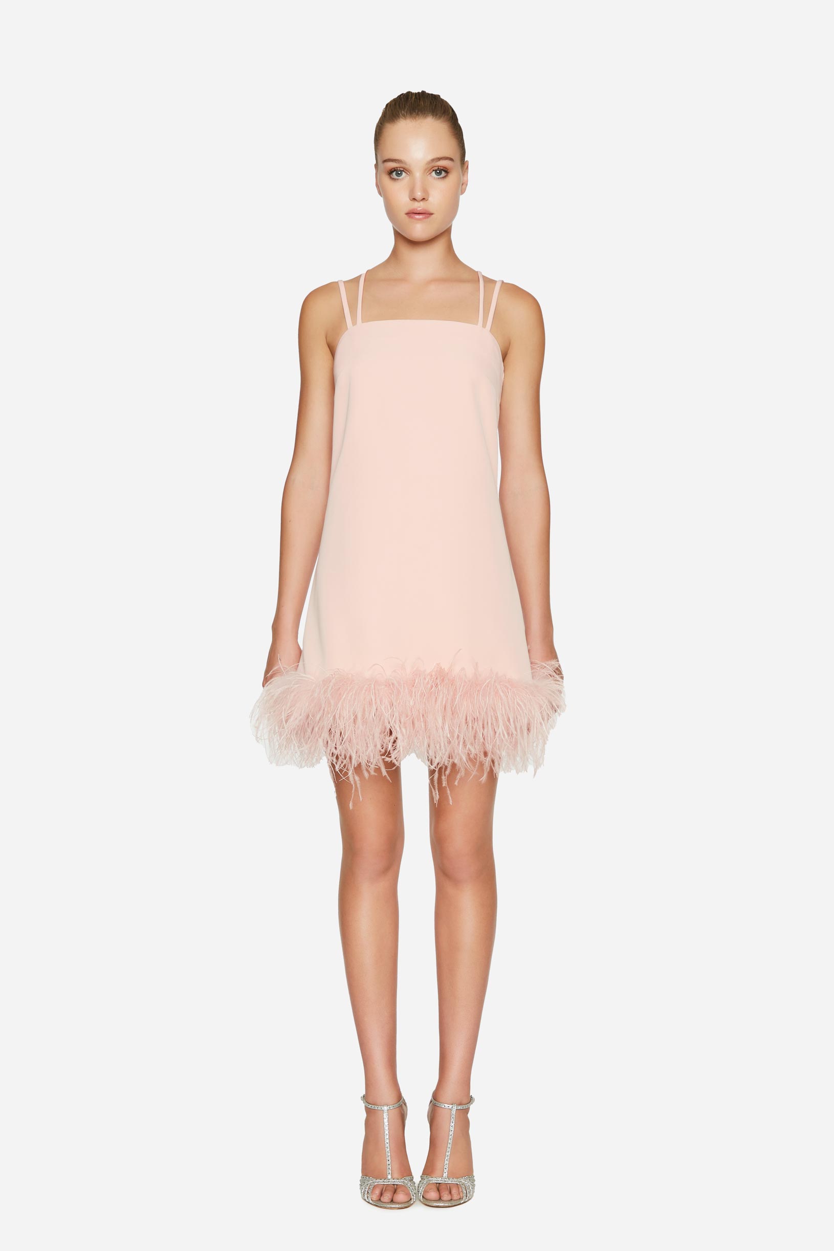 Short crêpe cady dress with feathers