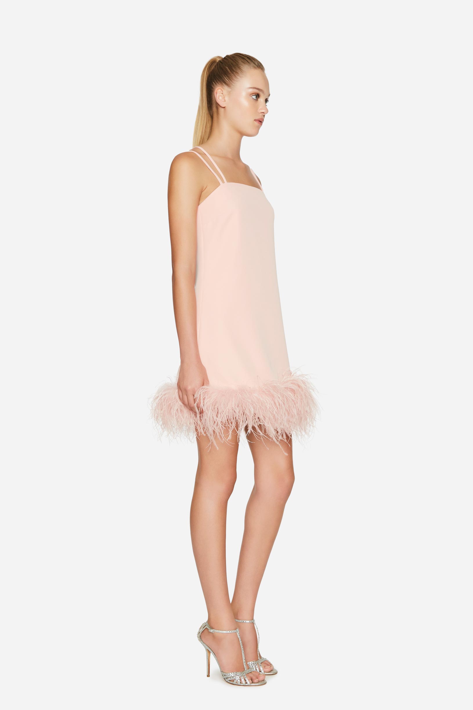 Short crêpe cady dress with feathers pink woman 231PD2AQ3_00496