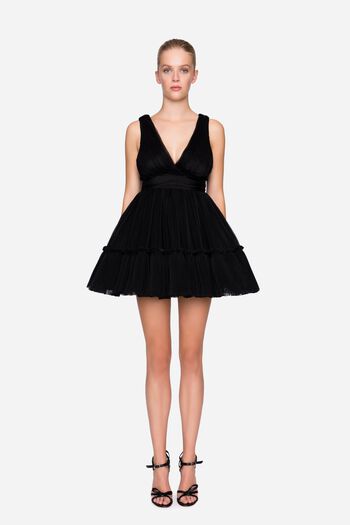 Pleated tulle dress with organza flounces black woman 192PD2AP1_00006