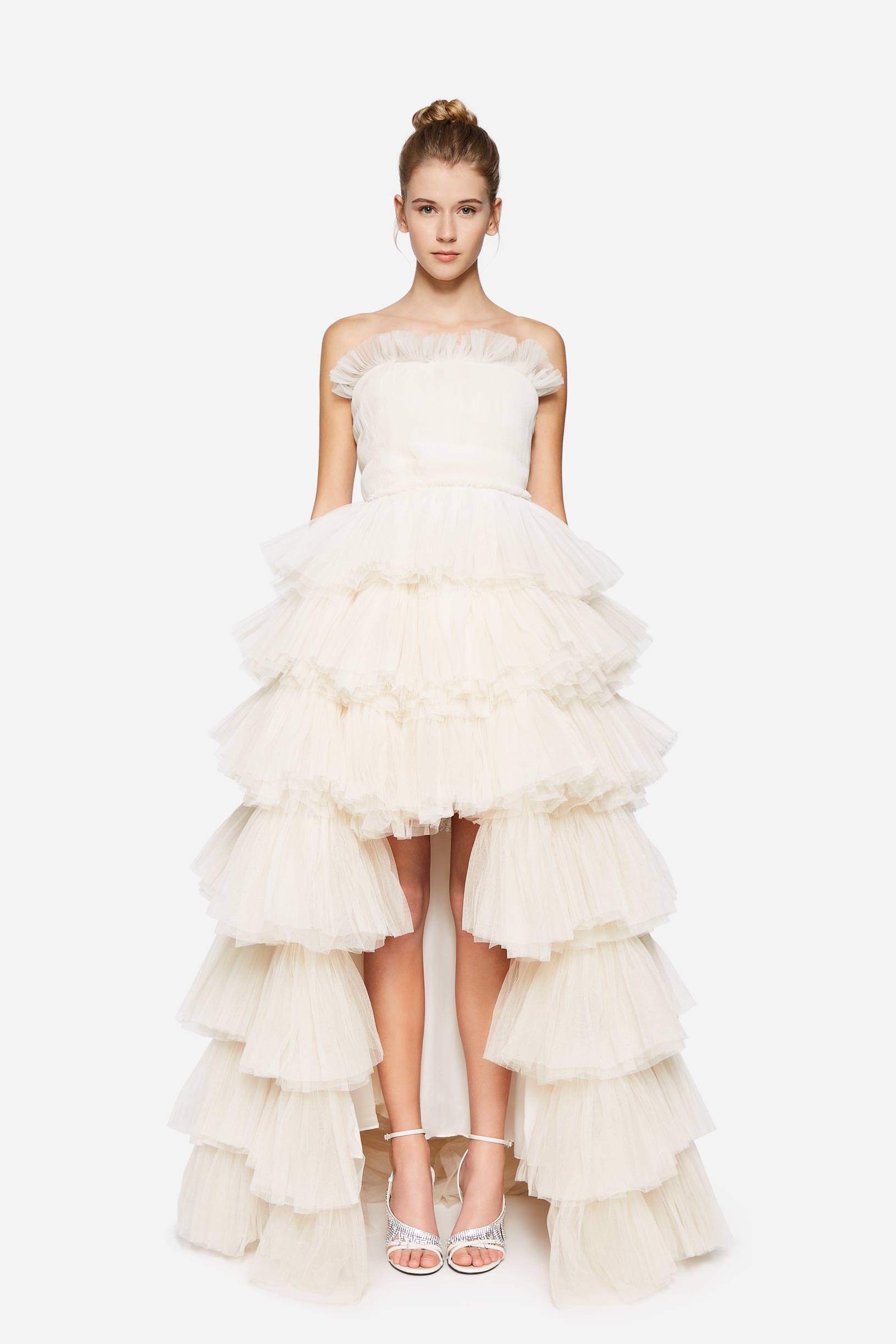 Pleated tulle dress with flounces