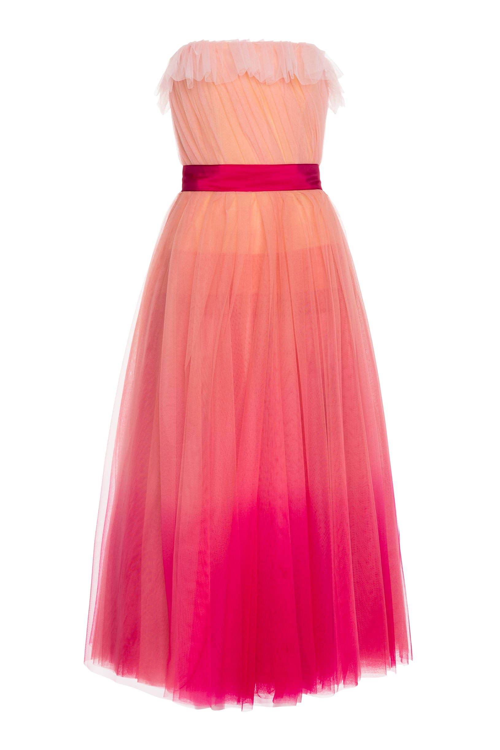 Mid-length dress in fadeout print tulle pink woman 192PD2AC5_05213