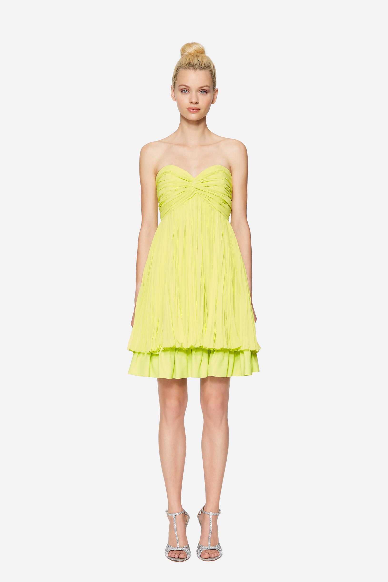 Pleated georgette bustier dress woman Lime Yellow 201PD2AP6_00352 01 