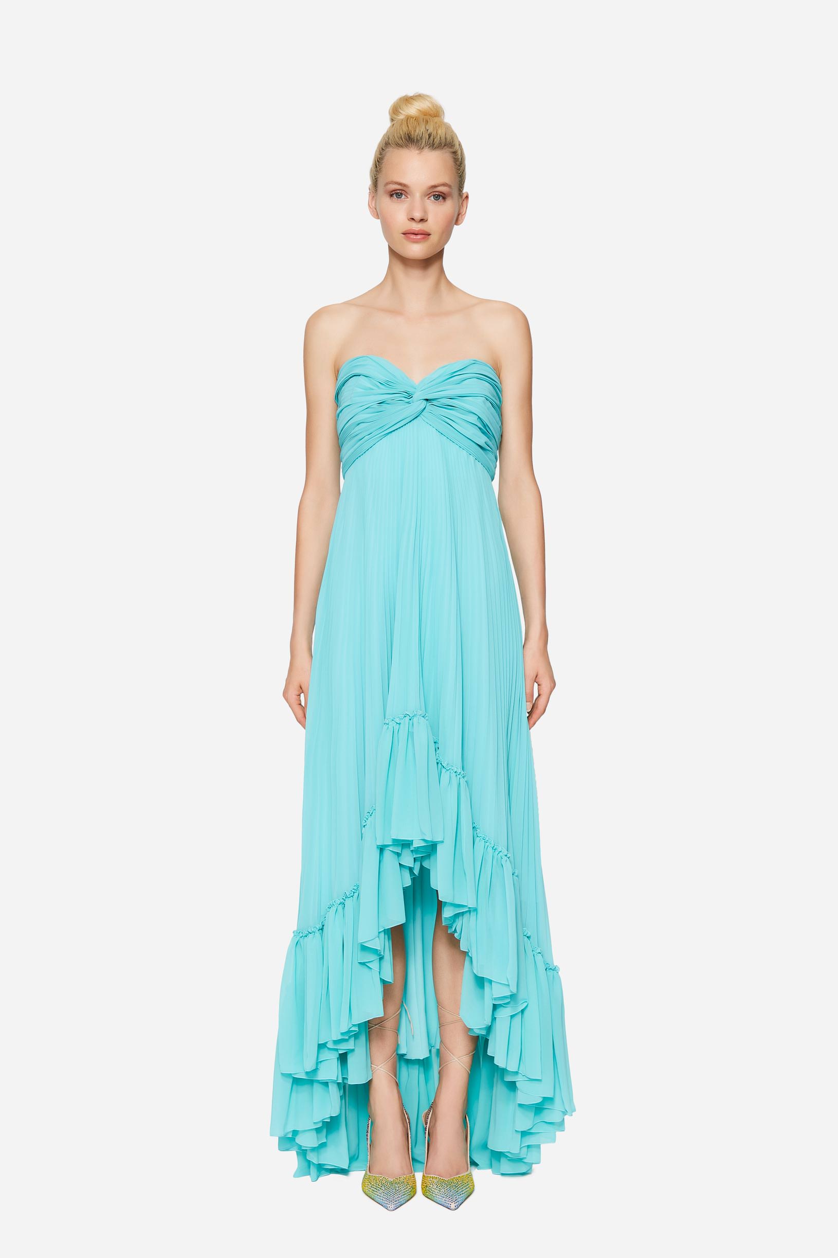 Pleated georgette long dress woman Aquamarine Green 201PD2AP3_05717 01 