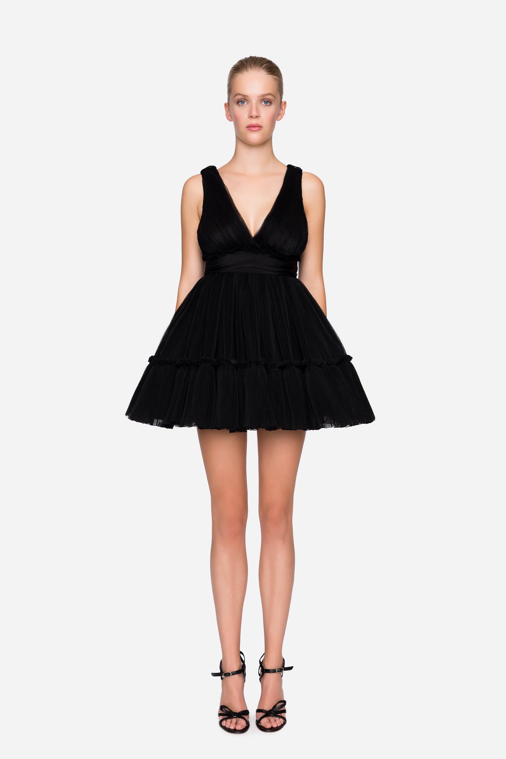 Pleated tulle dress with organza flounces woman Black 192PD2AP1_00006 01 