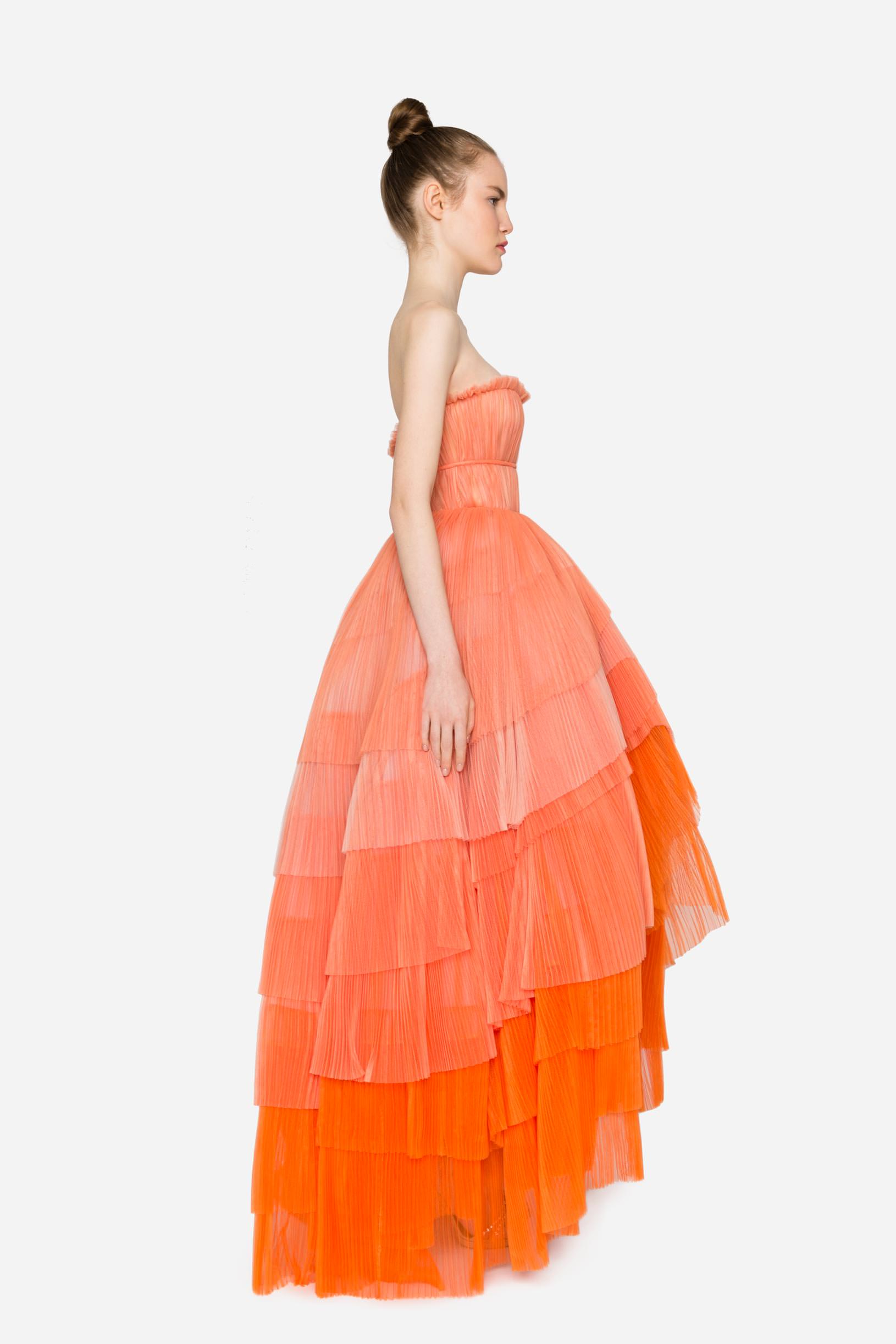 Pleated tulle dress with flounces orange woman 192PD2AH1_05215