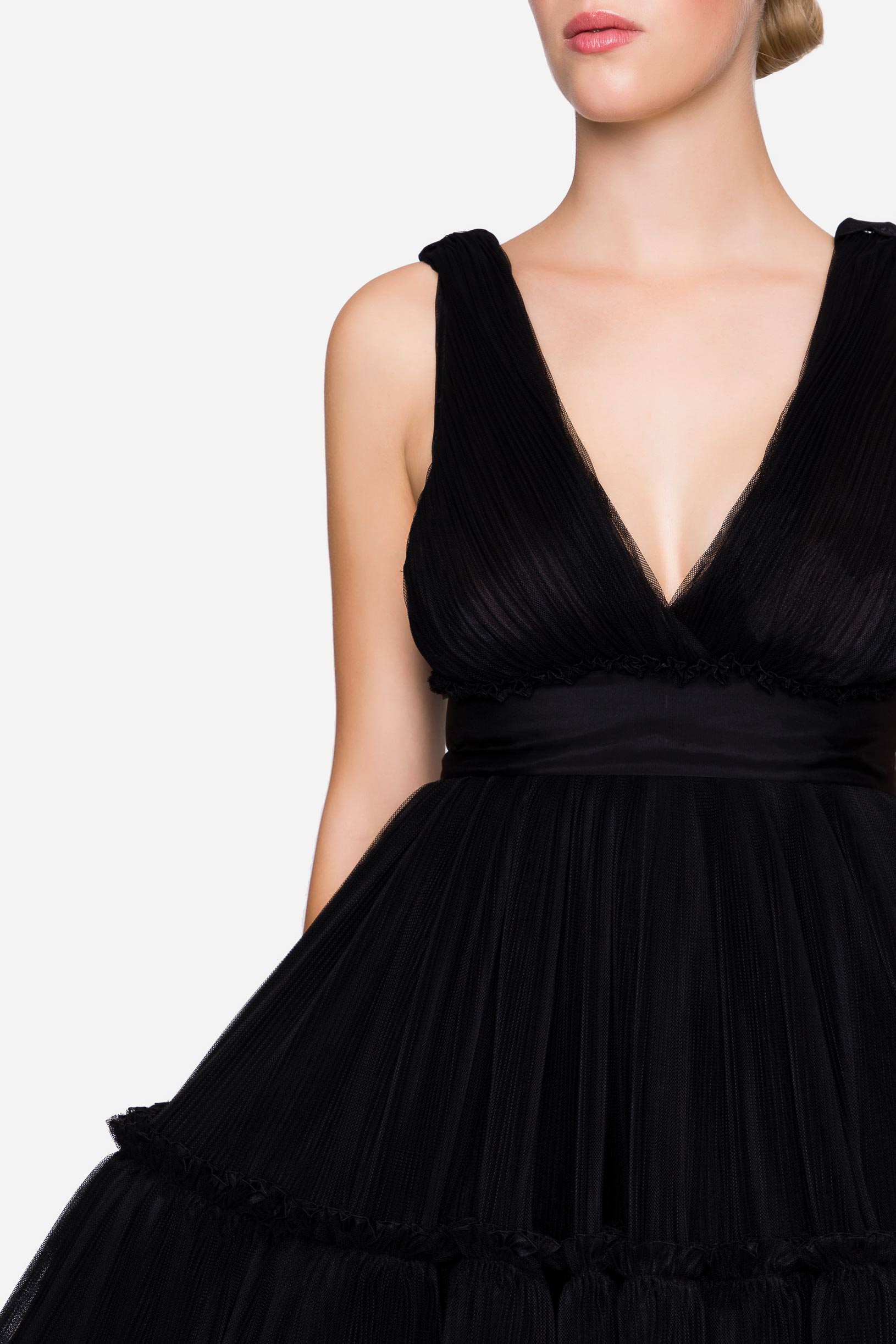 Pleated tulle dress with organza flounces black woman 192PD2AP1_00006