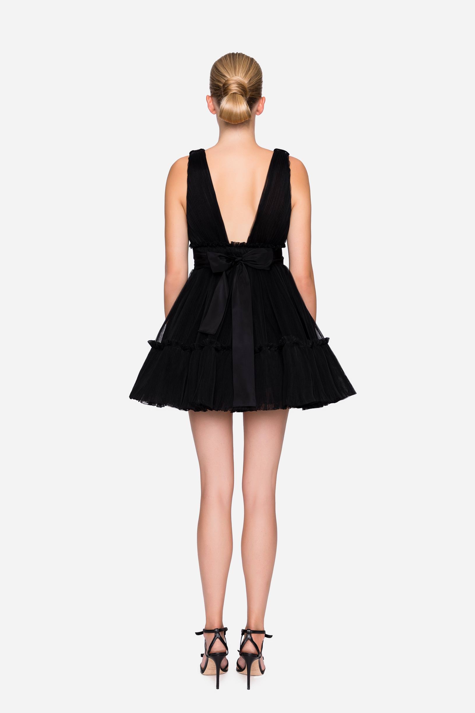 Pleated tulle dress with organza flounces black woman 192PD2AP1_00006