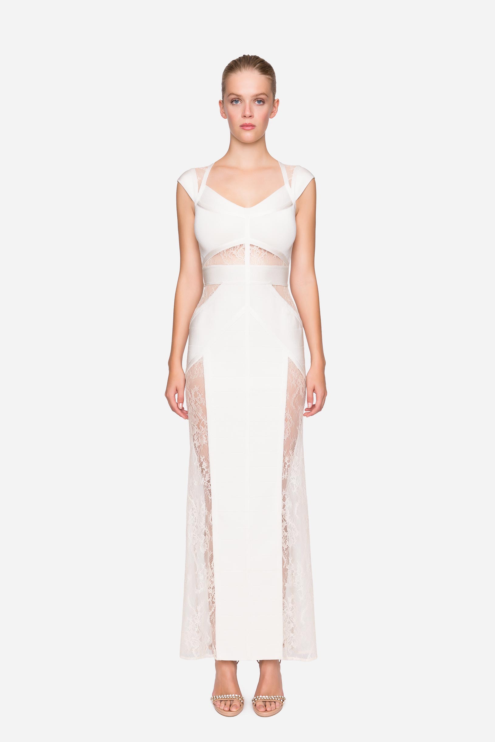 Knit long dress with Chantilly lace woman Off White 192PD3AM3_00526 01 