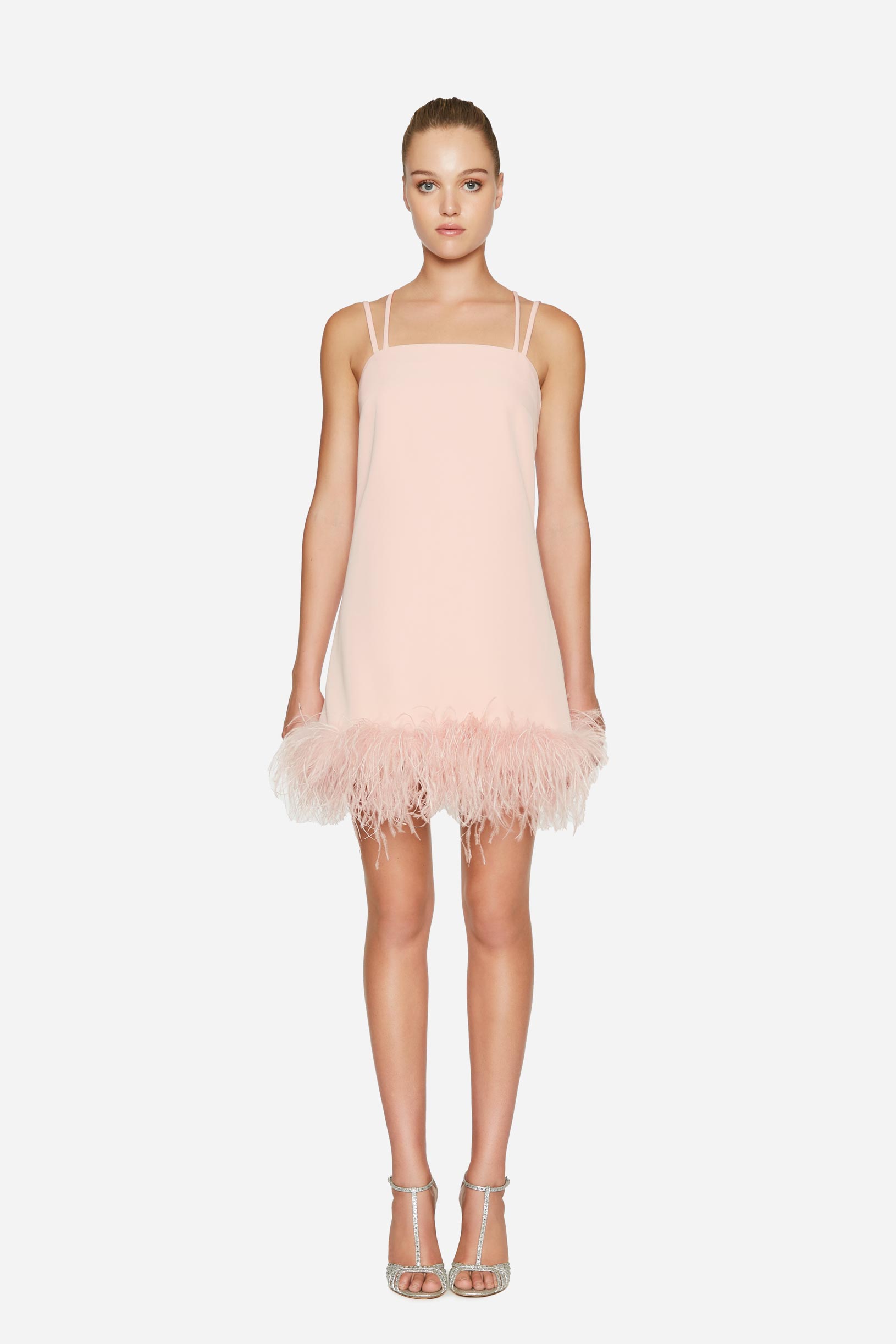 Short crêpe cady dress with feathers woman Rosé 231PD2AQ3_00496 01 