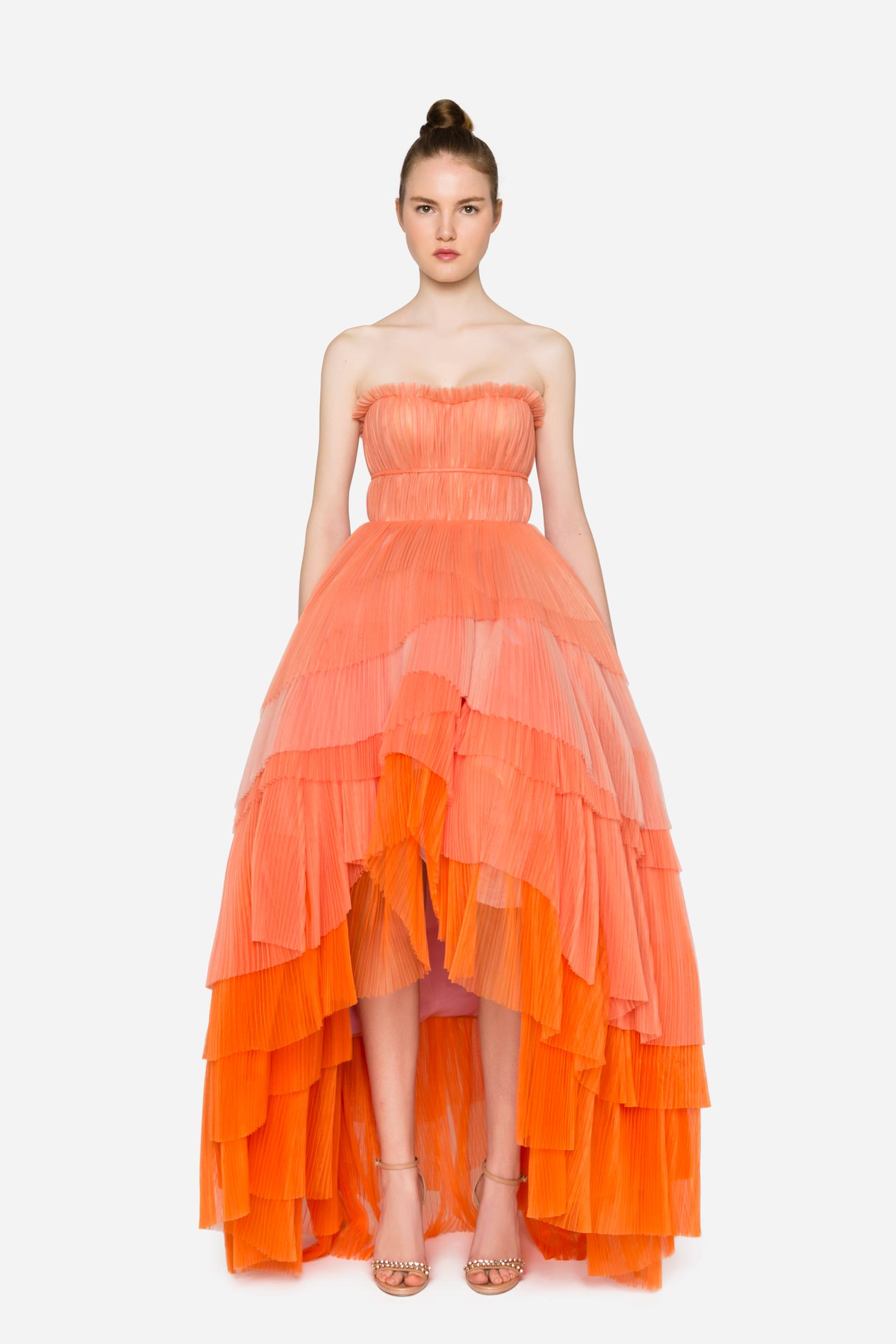 Pleated tulle dress with flounces woman Multicolour Peach 192PD2AH1_05215 01 