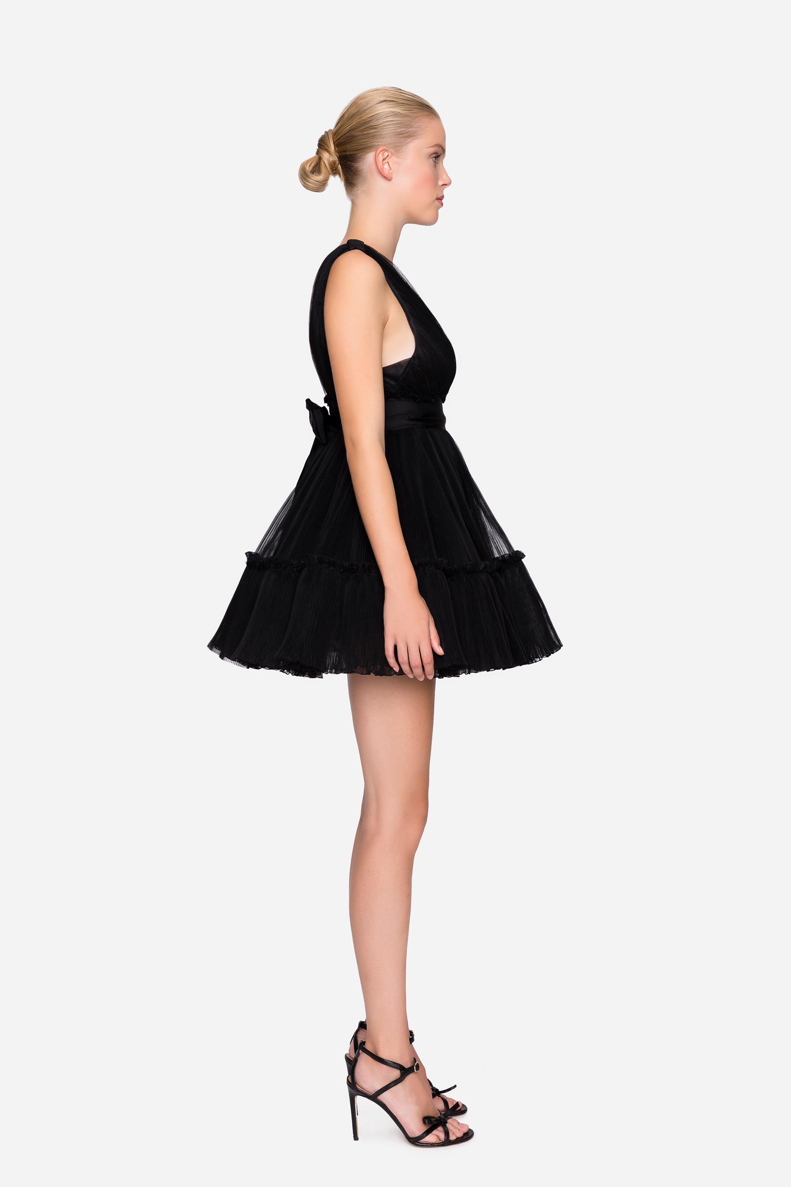 Pleated tulle dress with organza flounces black woman 192PD2AP1_00006