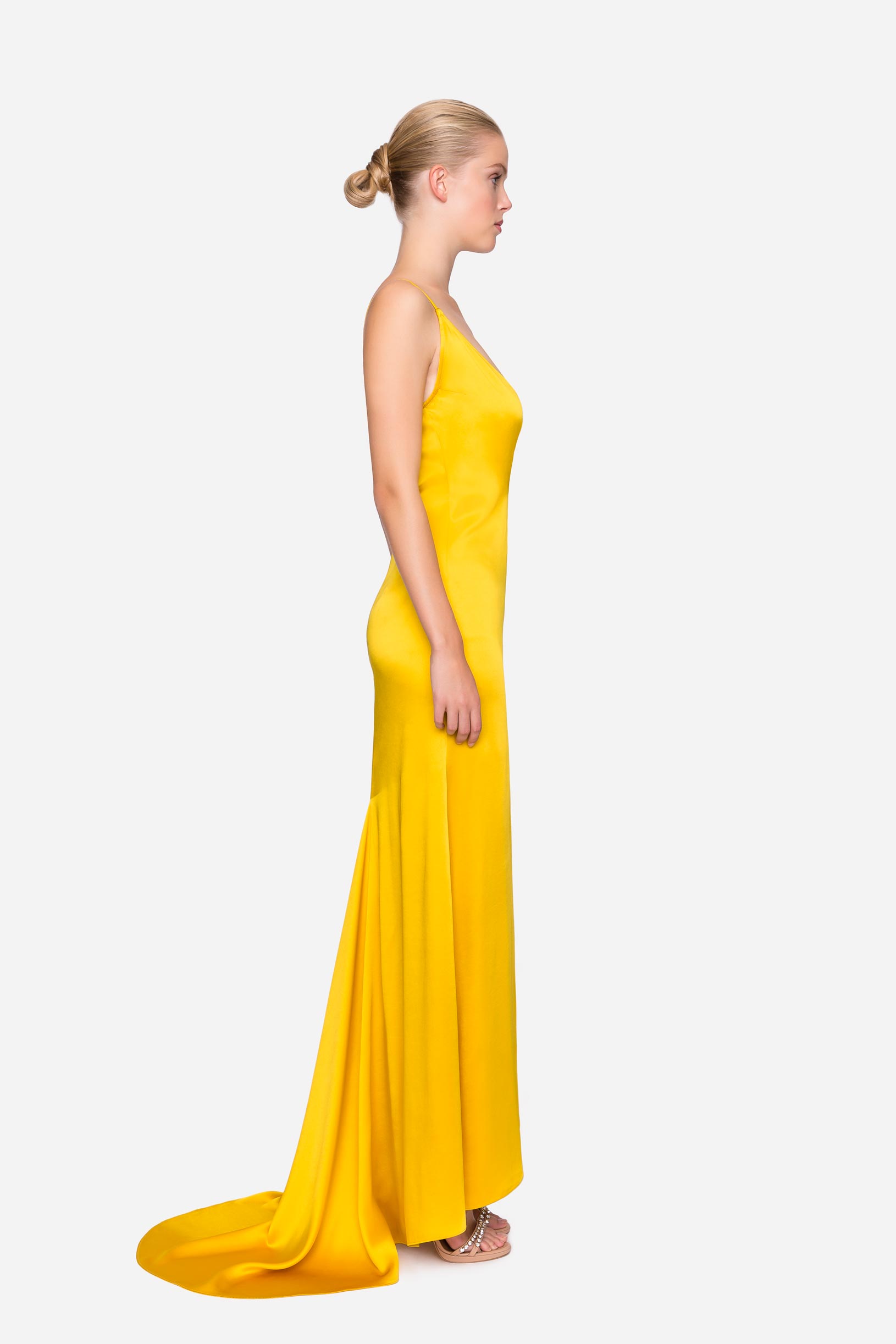 Satin long dress with slit yellow woman 192PD2AC3_00112