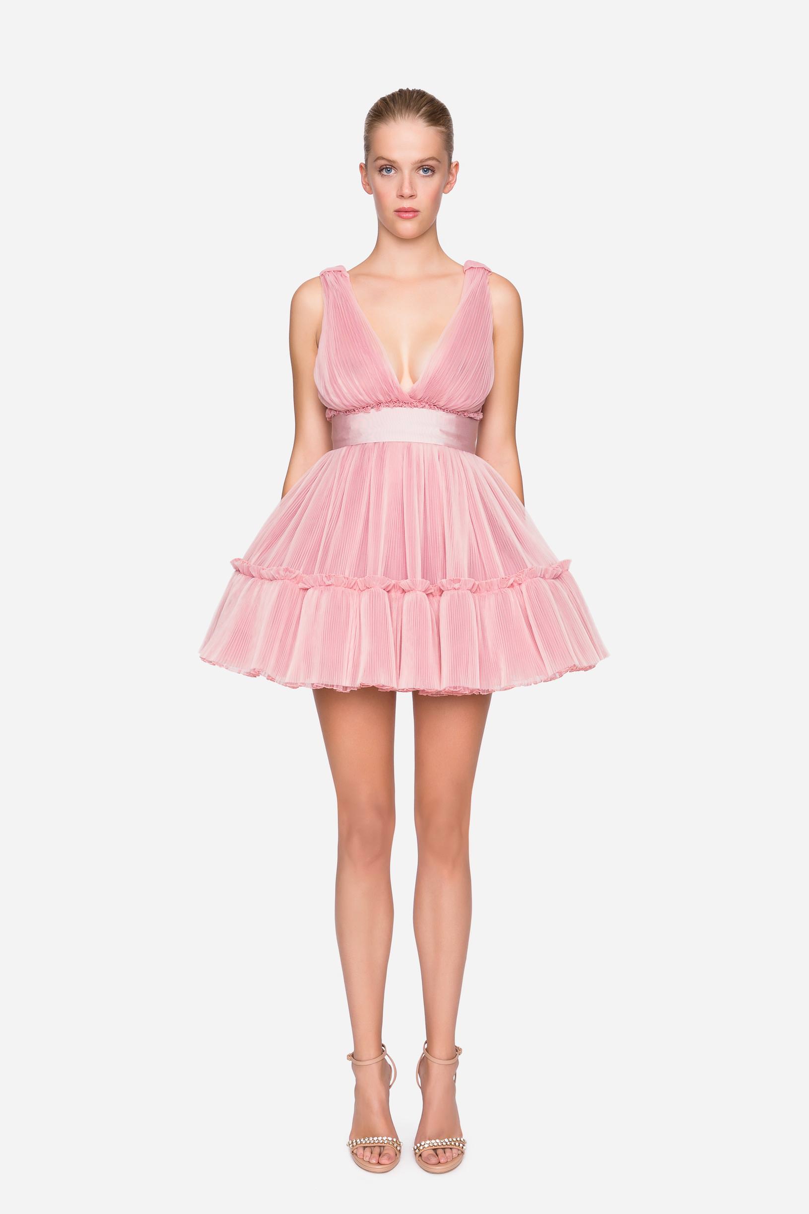 Pleated tulle dress with organza flounces