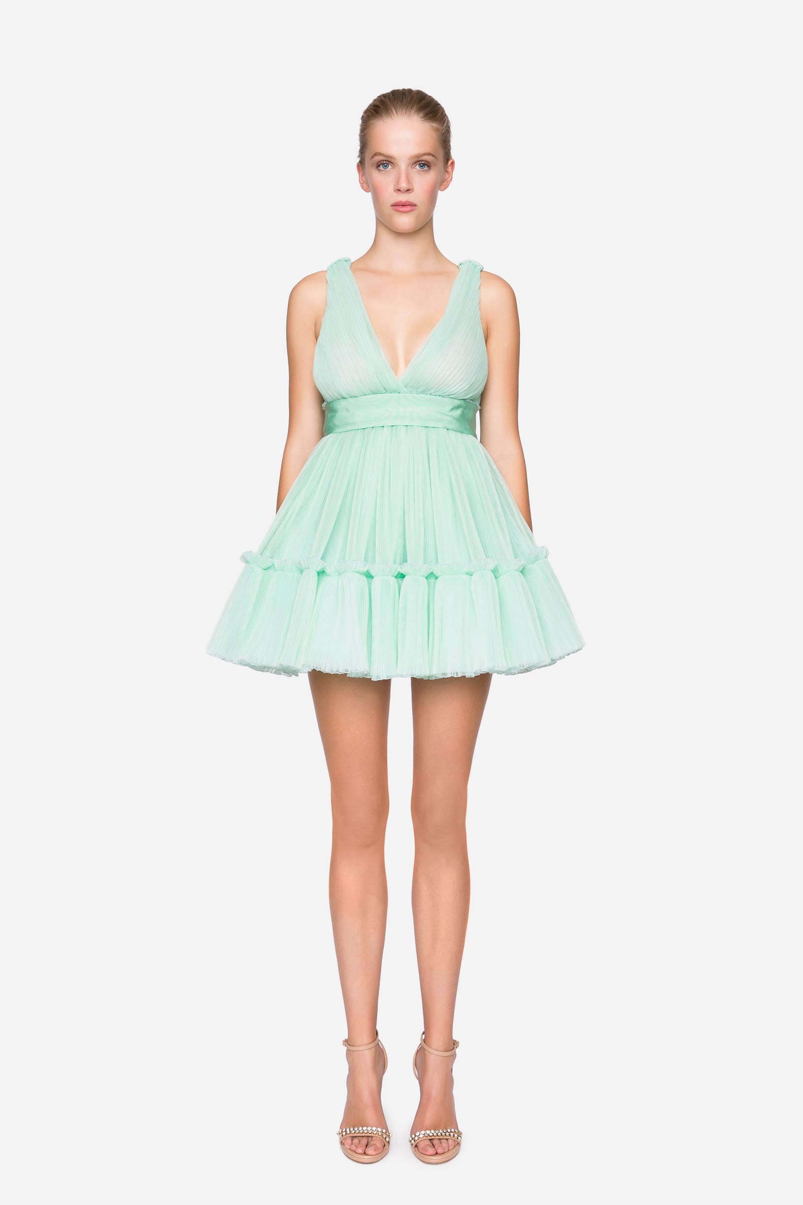 Pleated tulle dress with organza flounces