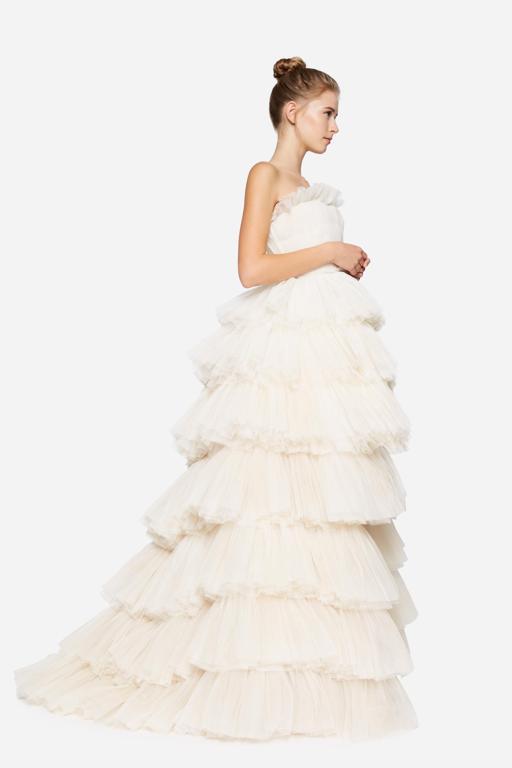 Pleated tulle dress with flounces white woman 192PD2AS3_05819