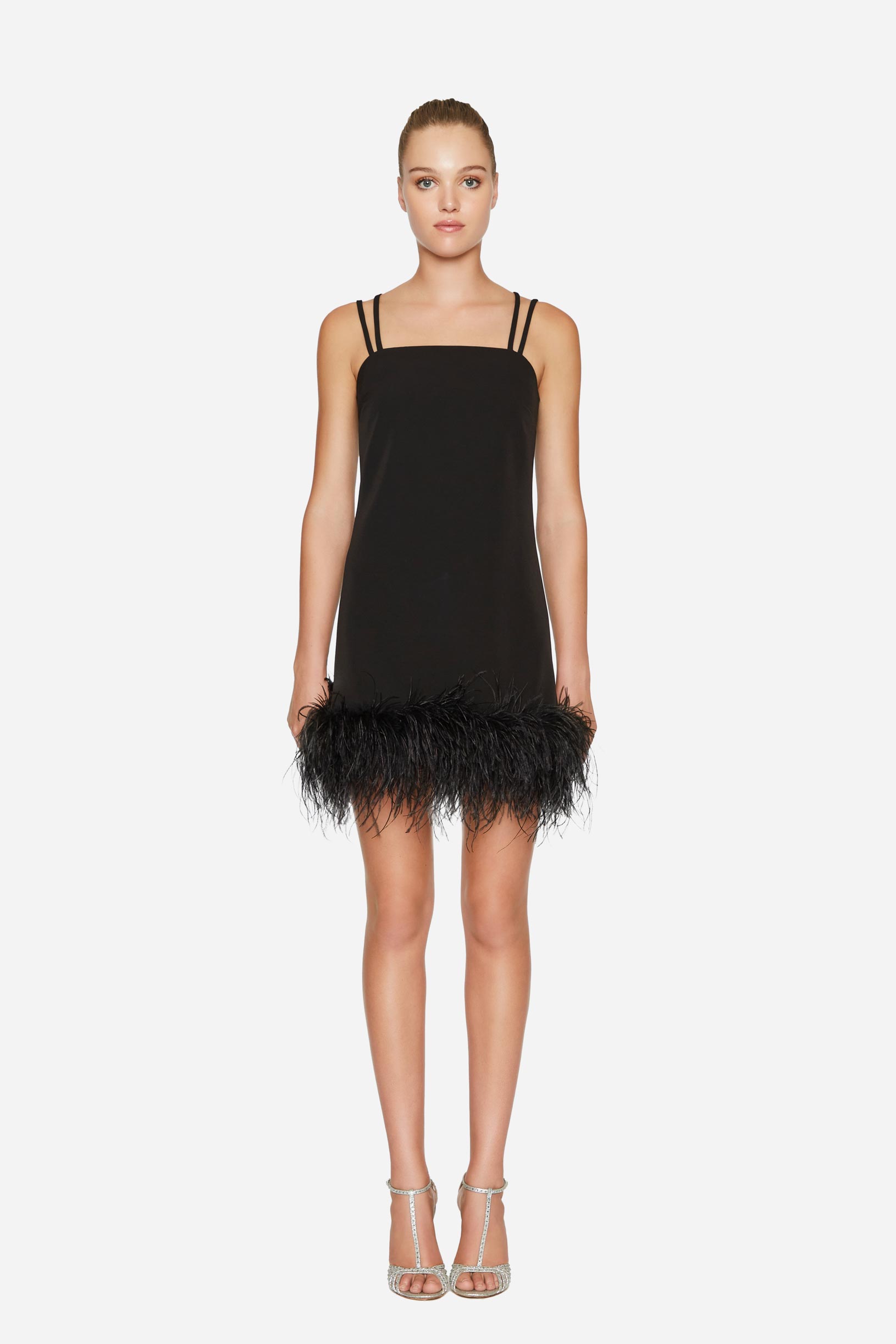 Short crêpe cady dress with feathers