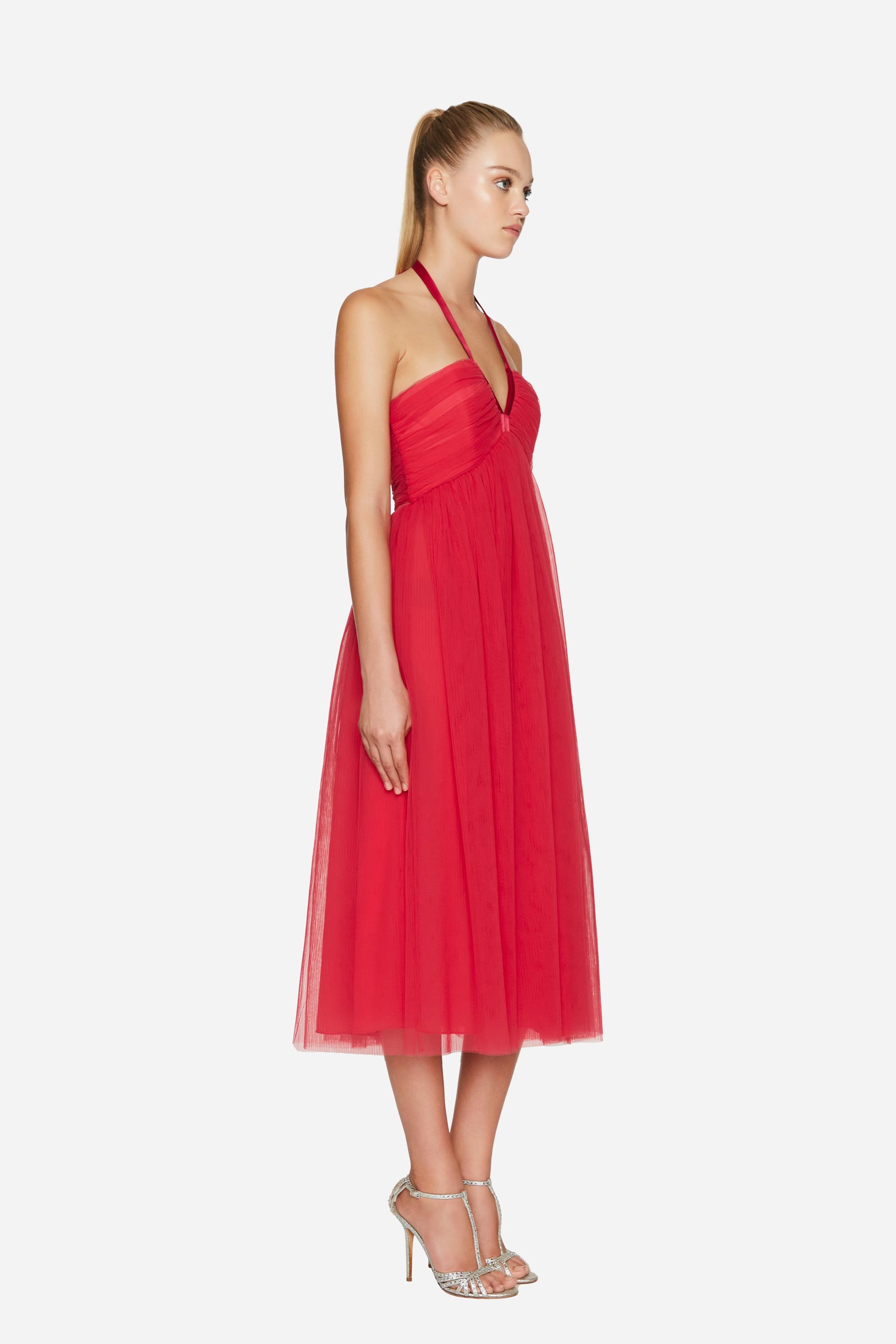 Pleated tulle midi dress fuchsia woman 231PD2AQ4_10802